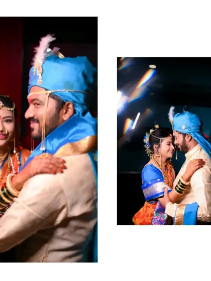 A collage of the couple sharing a dance and a close embrace, captured with dramatic lighting.