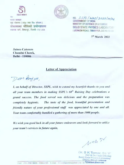 I am proud to share this Letter of Appreciation from the Government of India's DRDO. It commends my team for successfully catering their 60th Raising Day, handling over 1900 people with delicious, hygienic food and professional service.
