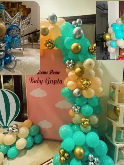 A collage showing different elements of a welcome baby boy decoration. It includes a balloon arch, a hot air balloon prop, and custom "Welcome Home Baby Gupta" signage.