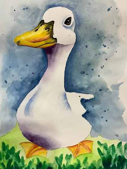 A charming watercolor portrait of a duck. This was a fun piece where I played with light and shadow to give the subject a curious personality.