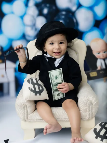 A winning smile from this little executive. The "Boss Baby" theme is perfect for a memorable first birthday or milestone shoot.