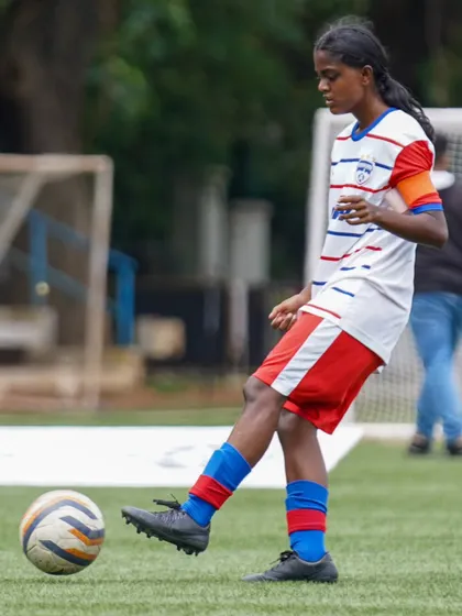 Janani Thoppur, another Soccer Schools graduate, controls the ball for the BFC Women's Team in The Community League.