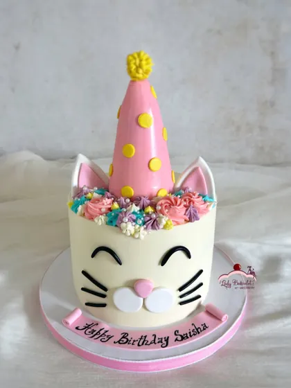 The purr-fect party cake for a cat lover! This design turns the whole cake into a cute cat face, complete with a party hat and a floral crown.