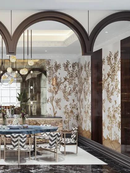 A dramatic dining room set under a series of dark arches. The render showcases the bold, patterned chairs and the unique blue stone table, creating a theatrical dining experience.