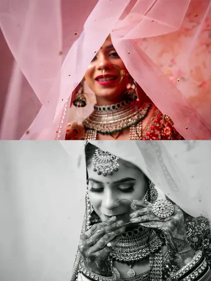A creative before-and-after style collage, showing the same bridal pose in both color and black and white.