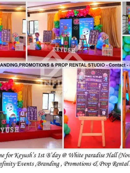This vibrant Cocomelon first birthday at White Paradise Hall features a large stage setup with a colorful backdrop and balloon garland. A custom milestone board and character cutouts complete the cheerful and immersive party environment.