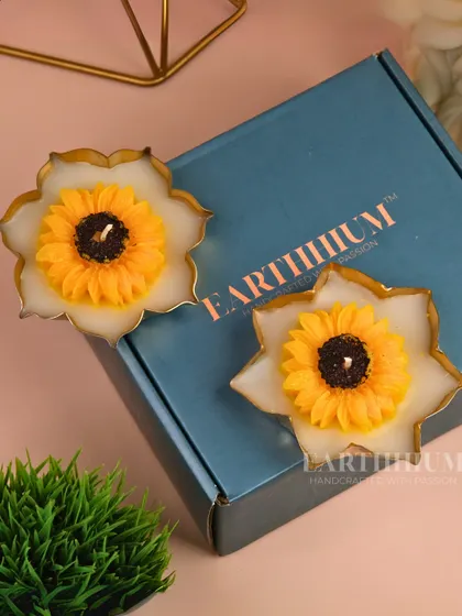 My sunflower Urli candles are designed to bring a little sunshine indoors. The bright yellow sunflower is hand-sculpted and sits in a beautiful lotus-shaped metal Urli.