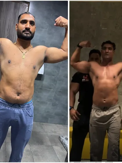 Client Sonu Choudhary's 75-day fat loss journey. This front pose shows the significant reduction in body fat and the beginning of visible muscle definition.