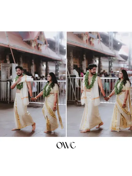 A collage showing a couple's graceful walk through a temple corridor after their wedding ceremony.