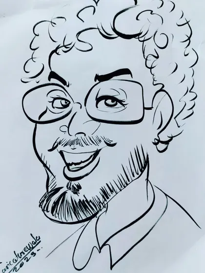 A rapid caricature drawing of a man with curly hair and a beard. I enjoy the challenge of drawing quickly.