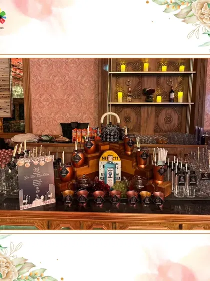 A customized bar setup for a wedding brunch, featuring unique glassware and decorative elements. The attention to detail ensures the bar is a beautiful part of the overall event decor.