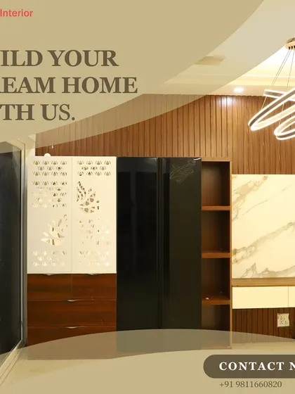 "Build your dream home with us." This image showcases a space with custom storage solutions, including a wardrobe with jali-cut doors and another with a glossy black finish.