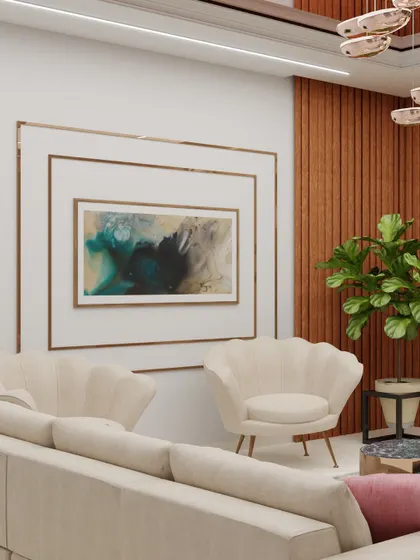 This living room was designed with a modern, beach-inspired vibe. The custom TV unit has a sleek white finish, while the shell-patterned backrest on the chairs and minimal wood paneling create a light, airy feel.