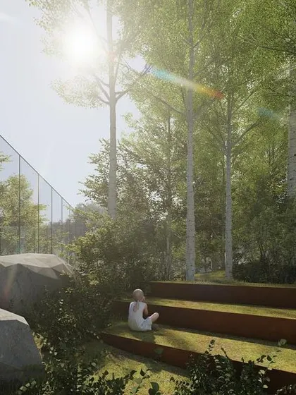 The landscape of our "Urban Oasis" includes features like grass-covered terraced seating. These elements are integrated directly into the terrain, providing informal places for people to sit and enjoy the serene, forest-like environment.