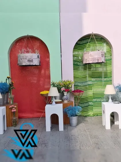 Another angle of the multi-colored Haldi photo booth, showcasing the playful mix of textures and colors that encourage guests to interact and take pictures.