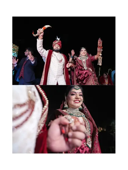 A collage capturing the energy of the Baraat and an intimate moment of the groom taking the bride's hand.