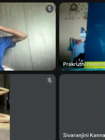 Students practice Bhramari Pranayama during an online session, demonstrating that the power of breath can be shared across any distance.