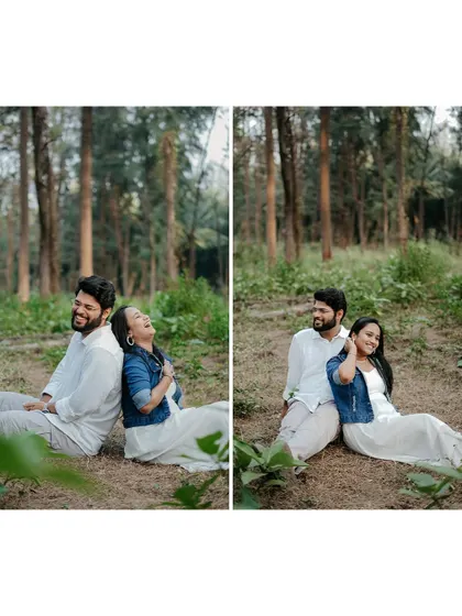 A diptych showing a couple sitting back-to-back and laughing in a forest. Seeing the two slightly different moments side-by-side adds a dynamic, story-like quality.