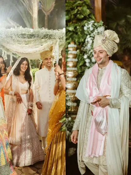 A diptych showing the groom's stylish portrait and the bride's happy entrance, building the story of their meeting at the mandap.