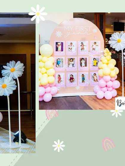 A collage showing the daisy-themed photo memory board and other decorative elements.