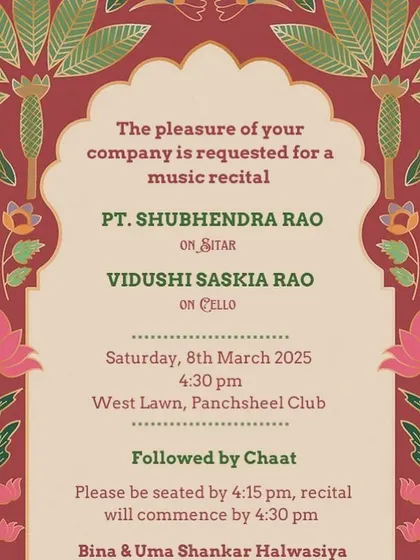 An elegant invitation for a private music recital at the Panchsheel Club. I am glad that classical music continues to get support from private patrons.