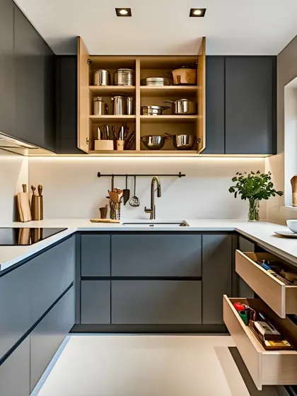 Functionality is at the core of this modern U-shaped kitchen. This view highlights the smart storage solutions, including deep drawers for pots and pans and well-organized upper cabinets, all within a sophisticated matte grey finish. This is a great example of a practical kitchen layout for daily use.