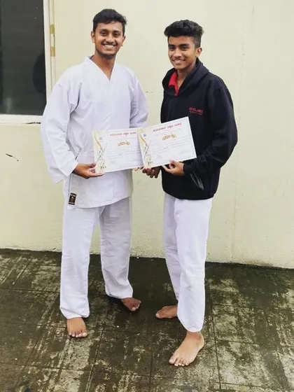 More success for our students. Nikhil and Akash with their certificates after winning Gold at the District PU Level Karate Championship and qualifying for the state level.