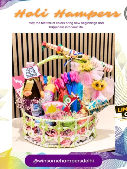 A limited offer on my popular Holi hamper. This image captures the basket filled with festive essentials, encouraging customers to order and bring new beginnings and happiness into their homes.