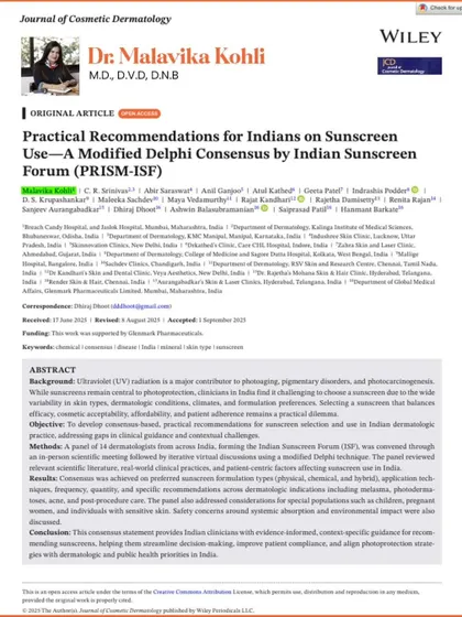 I am thrilled to share my published work in the prestigious Journal of Cosmetic Dermatology. This paper on sunscreen use for Indian skin is a result of a collaborative consensus among experts, providing evidence-based recommendations that are vital for public health and effective dermatological practice.