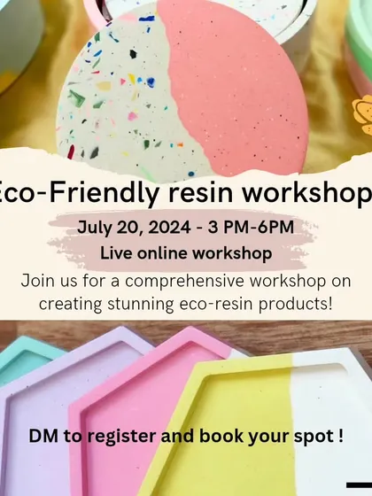 This workshop on July 20th is now fully booked. This graphic shows the beautiful terrazzo and color-blocked pieces that we learn to create in my eco-friendly resin workshop.