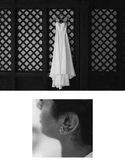 A black and white collage of bridal details. The hanging dress and a close-up of the bride's earrings create an artistic and elegant composition.