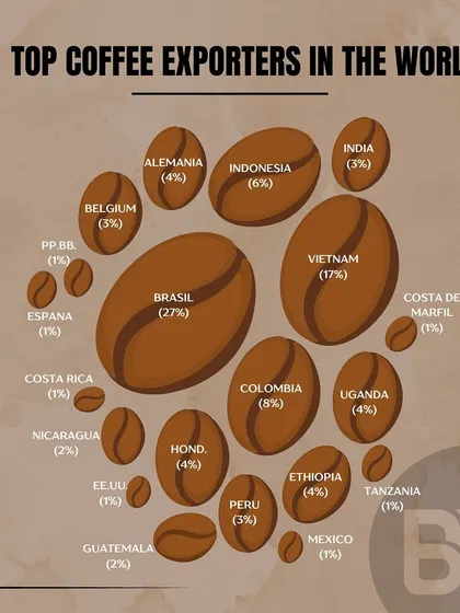 An infographic showing the top coffee exporters in the world, with Brazil, Vietnam, and Colombia leading the pack.