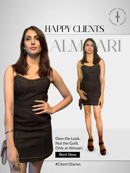 Happy clients are my goal. She looks effortlessly cool in this rented black denim mini dress, perfect for a casual party or a concert. Own the look, not the guilt.