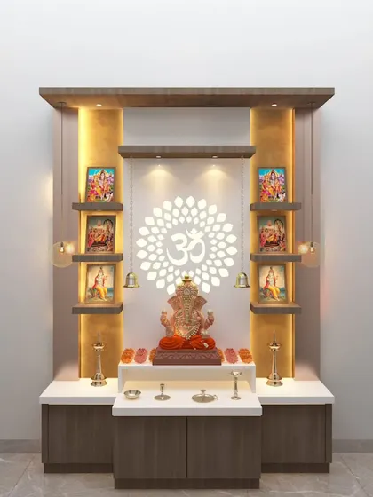 A 3D render of a modern pooja unit featuring a backlit 'Om' mandala and side shelves for displaying photos and idols. The design includes a white console with drawers for organized storage.