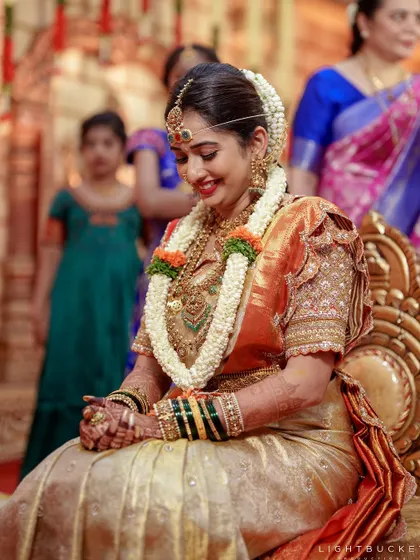 The joy of a bride on her special day. It was a pleasure to design this blouse for Sonal and see her looking so radiant.