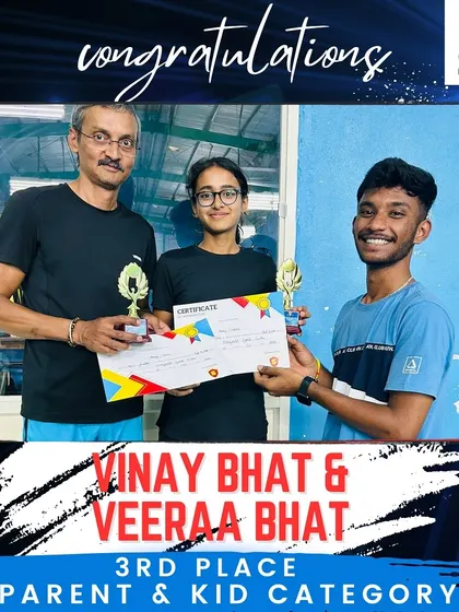 It's great to see families playing together. Congratulations to Vinay and Veeraa Bhat, a father-daughter duo who won 3rd place in their very first tournament in the Parent and Kid category.