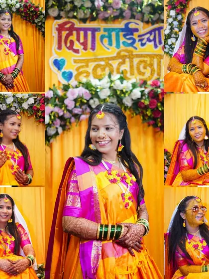 A collage showcasing multiple happy moments from the bride's Haldi ceremony.