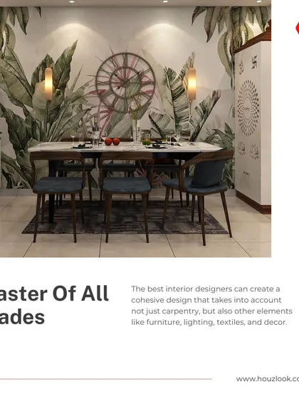 A designer is a master of all trades, creating a cohesive design that includes furniture, lighting, and decor. This dining room with a bold, nature-inspired wallpaper is a perfect example.