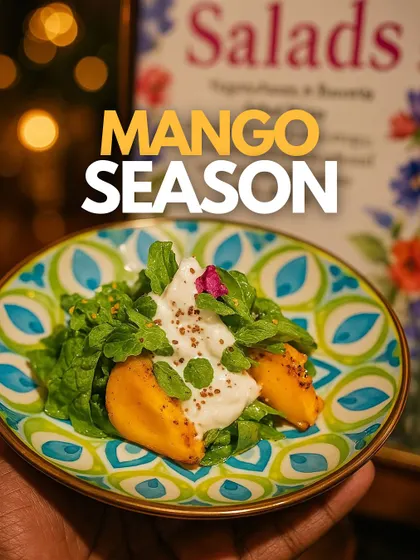 A vibrant mango salad with burrata, celebrating the best of seasonal produce.