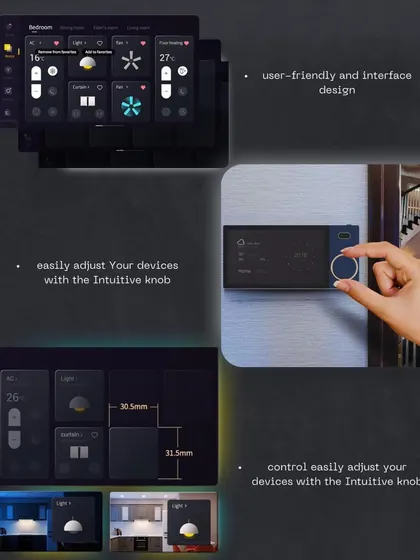 A detailed look at our award-winning "Source 7" control panel. It features a user-friendly interface, an intuitive knob for adjusting devices, and a customizable layout, making it easy for anyone in the family to use.