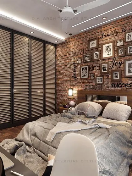 A rustic, cozy bedroom design featuring an exposed brick wall with a photo gallery, perfect for creating a personal and sentimental space.