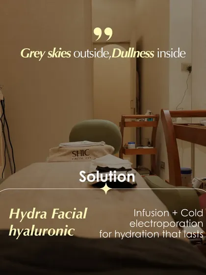 Grey skies outside can lead to dullness inside. Our solution is the Hydra Facial, performed in our calming treatment rooms to restore hydration and brightness.
