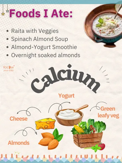 To get enough calcium during my first trimester, I ate foods like raita with veggies, spinach almond soup, and almond-yogurt smoothies.