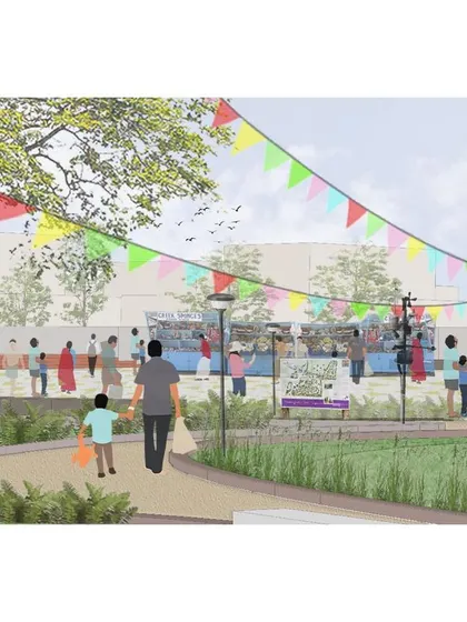 **Lakefront Reconnect, Chennai:** This render imagines a vibrant public space along the lake, with areas for local markets and community festivals. The design aims to make the lakefront a lively cultural and social hub.