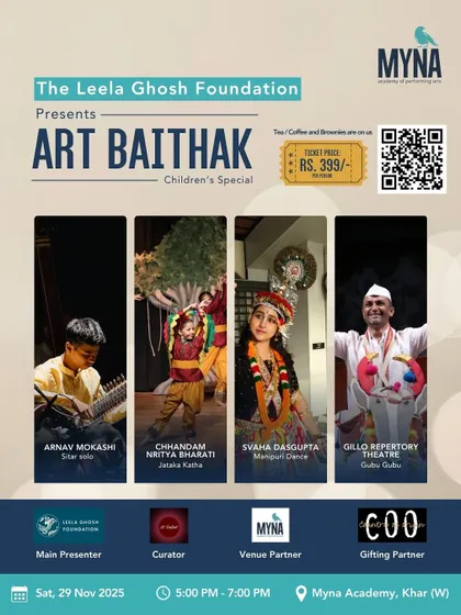 We were proud to host the Art Baithak Children's Special. This event poster shows the range of performances, from a Sitar solo by a young artist to Kathak, Manipuri dance, and folk theatre, celebrating the spark of imagination in every child.