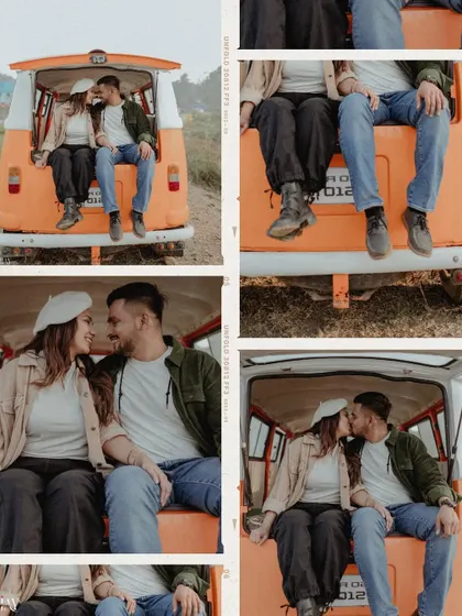 A collage of different poses and angles from the back of the vintage van.
