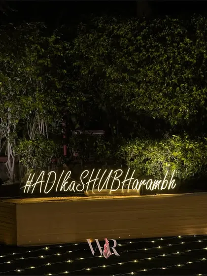 A simple yet powerful statement for the beginning of a new chapter. We placed this custom neon sign for #ADikaSHUBHarambh over a field of fairy lights, creating a magical photo opportunity and celebrating the couple's union.