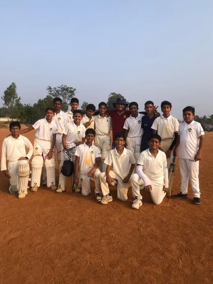 Celebrating a comprehensive team win and a brilliant half-century by our U-12 all-rounder Vikhyath Dodla. Team huddles and celebrations show the strong spirit within our cricket squads.