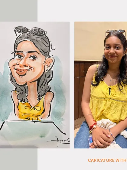 A guest at the Costa Coffee event with her finished caricature. I enjoy capturing the unique style of each person I draw.