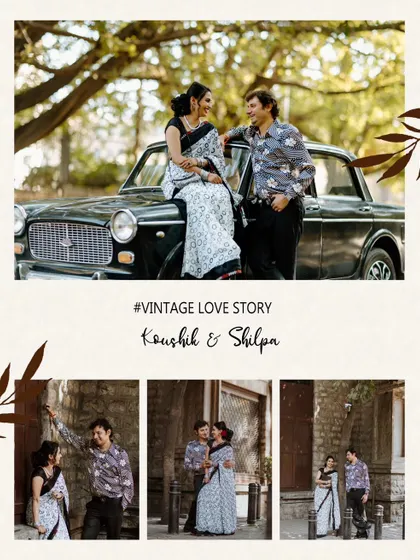 This collage captures the essence of a vintage love story, with a couple posing with a classic car. The various shots tell a story of old-school romance.
